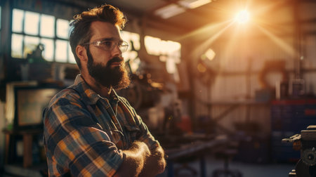 A man with a beard and glasses is seen working in a factory setting. He appears focused and engaged in his tasks, surrounded by machinery and industrial equipment.の素材
