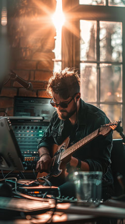 A man is focused on playing the guitar in a recording studio. He is seated, wearing casual clothing, surrounded by musical equipment. The studio has soundproofing materials on the walls.の素材