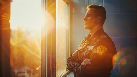 A police officer is seen standing in front of a window, looking outwards. The officer is wearing a uniform and appears to be on duty.の素材