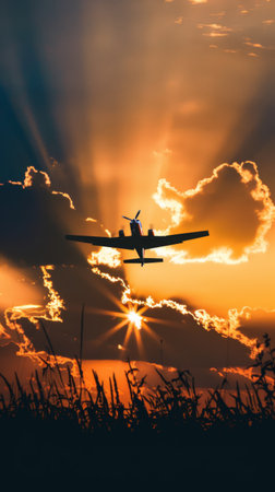 A motor plane is seen flying through a cloudy sky during sunset. The sun is casting a warm, orange glow on the aircraft, creating a silhouette effect against the sky.の素材
