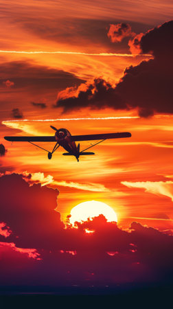 A small motor plane is flying through a cloudy sky, its silhouette visible against the overcast backdrop. The plane is in motion, propelled by its engine, as it navigates the cloud-filled atmosphere.の素材