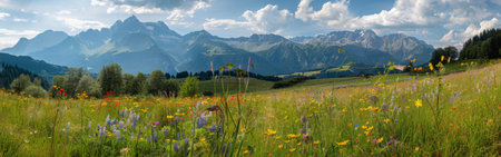 A grassy field dotted with colorful wildflowers under a clear sky, with majestic mountains in the background. The scene captures the beauty of nature in a serene landscape.の素材