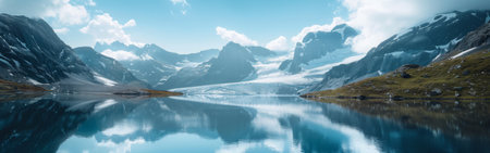 A mountain lake encircled by towering snow-covered mountains. The pristine lake reflects the stunning snowy peaks in the background.の素材
