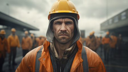 Generative AI Portrait of a road worker with a road roller, guiding its movement, road construction area with workers visibleの素材