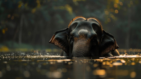 An Indian elephant standing in a body of water, surrounded by trees in the background, while bathing to cool off on a hot day.の素材