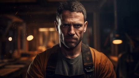 Generative AI Portrait of a builder measuring and cutting wood, focused and skilled, construction materials in the backgroundの素材