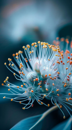 A detailed view of a flower blooming on a plant, showing the intricate petals, stigma, and stamen. The vibrant colors and delicate textures are captured in this close-up shot.の素材