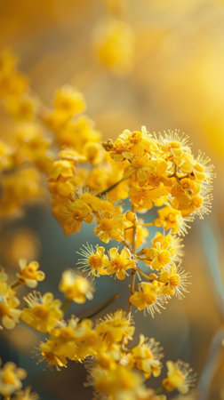 A detailed view of a vibrant yellow flower blooming on a green plant, showing its intricate petals and bright color under natural light.の素材