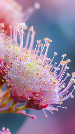 This close-up shot features a pink flower with intricate yellow stamen at its center. The delicate petals surround the vibrant yellow central structure.の素材