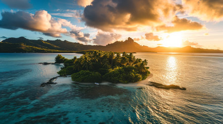Generative AI Pristine Polynesian islands, drone's perspective, golden hour tones, tropical paradise, photorealistic sunset over French Polynesiaの素材