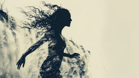 Silhouette of a woman standing in front of a powerful waterfall, her figure stark against the cascading water. The contrast between the woman and the rushing water creates a striking image of natures force and human presence.の素材
