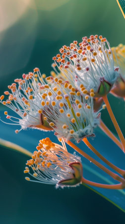 Detailed close-up view of a blooming flower growing on a green plant, showing vibrant petals and delicate stamen in clear focus.の素材