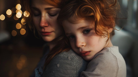 A woman standing, cradling a young girl in her arms with a gentle expression. The little girl looks up at the woman with a smile, showing a bond of love and care.の素材