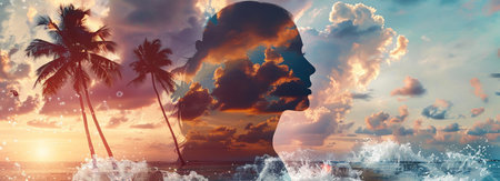 A double exposure showcasing a mans face blending into the ocean waves with palm trees in the background. The man's features are intricately intertwined with the natural elements, creating a unique and captivating visual effect.の素材