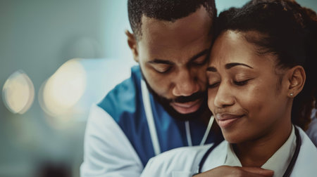 Two people, a man, and a woman, are standing side by side, attentively looking at something in front of them. Their expressions convey curiosity and interest as they focus on the subject of their attention.の素材