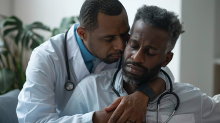 Two male figures dressed in white coats are focused on inspecting an object, possibly a specimen, in a scientific or medical setting.の素材