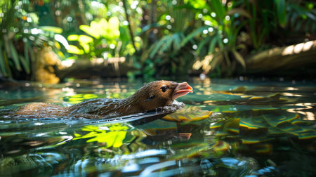A duck gracefully paddling through a pond surrounded by lush greenery, showing natural habitat and wildlife in action.の素材