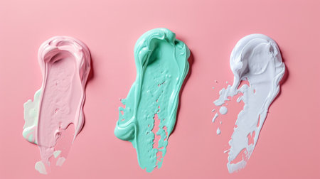 This image features three distinct colors of paint - red, blue, and yellow - creatively splattered on a soft pink background. The colors blend and contrast in a visually striking way, creating a lively and colorful composition.の素材