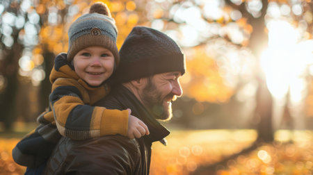 A man is seen carrying a child in a park, showing the strength and guidance of fathers. The man appears to be supporting the child securely while walking in a green outdoor setting.の素材