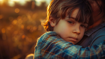A young boy is tenderly embracing his mother in a field, showing closeness and affection between parent and child. The mother is reciprocating the hug, creating a heartwarming moment.の素材