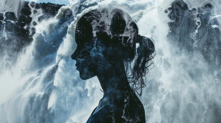 A woman stands confidently in front of a powerful waterfall, feeling the mist on her skin as water cascades down the rocks behind her.の素材