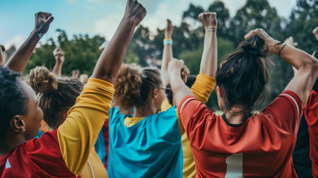 A group of women are standing next to each other, portraying unity, friendship, and support. They are facing the camera with smiles on their faces, showing a sense of camaraderie and togetherness.の素材