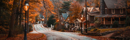 A typical city street in the fall season, showcasing bare trees with orange and red leaves, fallen leaves scattered on the ground, and people wearing warm jackets walking along the sidewalk.の素材