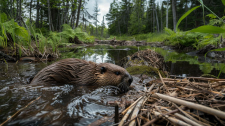 An American beaver is swimming in the water of a forest pond. The beavers sleek fur glistens in the sunlight as it gracefully maneuvers through the water, surrounded by lush green trees in the woods.の素材