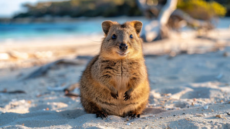 A brown animal, identified as a Quokka, is sitting on top of a sandy beach. The animal appears relaxed and is basking in the sunshine.の素材