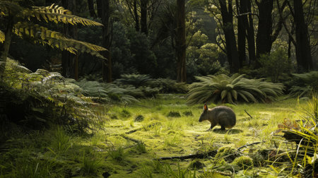 A Tasmanian Pademelon, a small marsupial resembling a kangaroo, is seen moving gracefully through a vibrant green forest filled with lush vegetation and trees. The animals furry coat blends seamlessly with the surrounding foliage as it explores its natural habitat.の素材