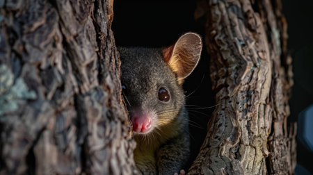 A small Common Brushtail Possum is seen sticking its head out of a hole in a tree. The animal appears curious and cautious as it surveys its surroundings.の素材
