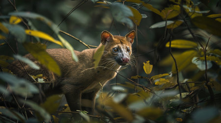 A close-up view of a small animal perched in a tree, exhibiting natural behavior in its habitat.の素材