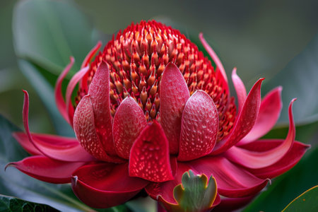 This close-up view showcases the vibrant red petals of a Waratah flower, contrasted against lush green leaves. The intricate details of the flower and leaves are prominently displayed, highlighting the natural beauty of this botanical specimen.の素材