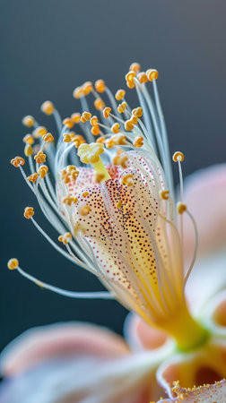 Detailed view of a white flower with vibrant yellow stamen in focus, showing intricate natural patterns and textures.の素材