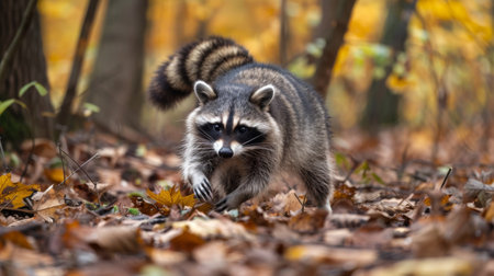 A raccoon is wandering through a forest filled with fallen leaves. The animal is strolling calmly as it explores its surroundings and forages for food.の素材