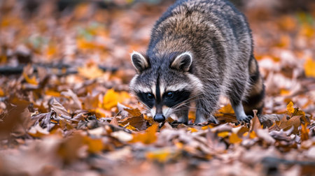 A raccoon is seen walking through a forest, surrounded by fallen leaves. The raccoon appears to be foraging for food as it moves through the wooded area, blending seamlessly with the autumn foliage.の素材