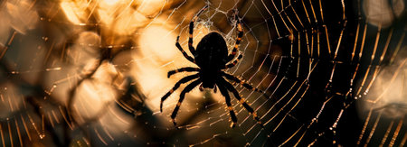 A detailed view of a spider carefully navigating its intricate web, showing the arachnids delicate movements and strategic positioning.の素材