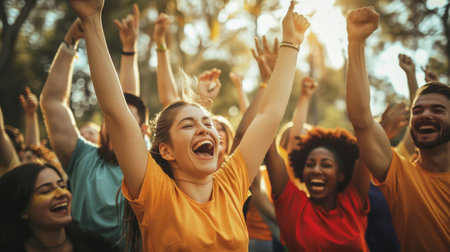 A diverse group of individuals standing together with their hands lifted in the air, showing unity, solidarity, and support for each other.の素材