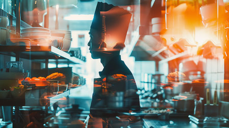 A person is standing in a kitchen next to a counter. The individual appears to be observing something in the room while standing still.の素材