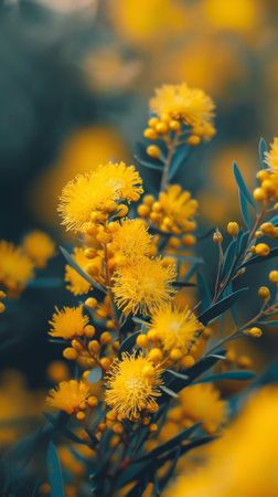 A cluster of bright yellow flowers with vibrant green leaves set against a natural background.の素材