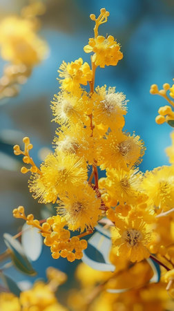 This close-up shot showcases a bunch of vibrant yellow flowers in full bloom. The petals are intricately detailed, with hints of green leaves in the background. The focal point is the cluster of flowers, highlighting their beauty and natural symmetry.の素材