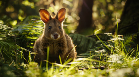 A small kangaroo, known as a Tasmanian Pademelon, is seated in the heart of a lush forest setting. The marsupial creature is surrounded by towering trees and a carpet of greenery.の素材