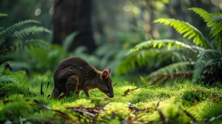 A Tasmanian Pademelon, a small marsupial, is seen walking through a dense, vibrant green forest. The animal moves cautiously, blending with the foliage as it navigates the forest floor.の素材