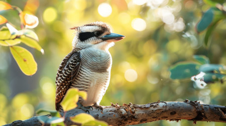 A Kookaburra bird is sitting on a tree branch, showing its distinctive appearance and behavior in its natural habitat.の素材