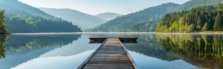 A wooden dock extends over a calm lake, nestled next to a dense forest. The dock provides a pathway for visitors to enjoy the view of the water and surrounding greenery.の素材