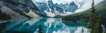 A mountain lake sits peacefully amidst snow-covered mountains, creating a serene and majestic winter landscape. The clear waters reflect the snowy peaks, showing the beauty of nature in its purest form.の素材