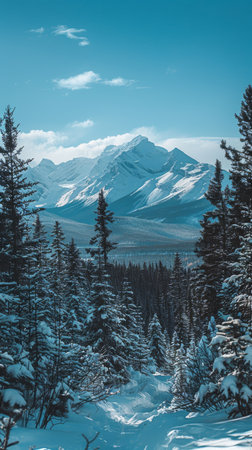 A view of a snowy landscape featuring trees in the foreground and majestic mountains in the background. The snow-covered scene creates a serene and peaceful atmosphere, perfect for winter enthusiasts to explore and enjoy.の素材