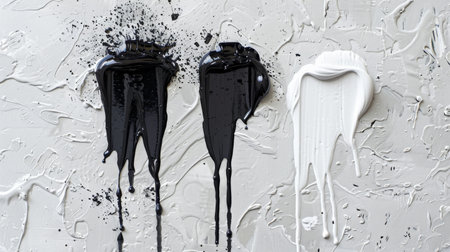 A couple of black and white paint streaks are visible on a white wall, creating a modern and artistic look. The bold contrast between the two colors adds visual interest to the space.の素材