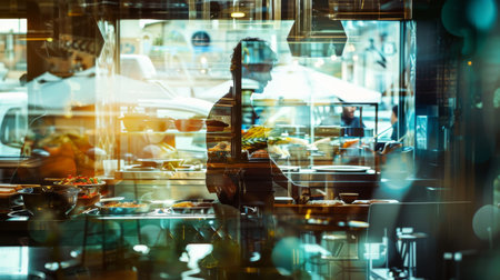 A blurred individual is seen sitting at a table. The persons figure is indistinct, with the focus primarily on the table setting.の素材