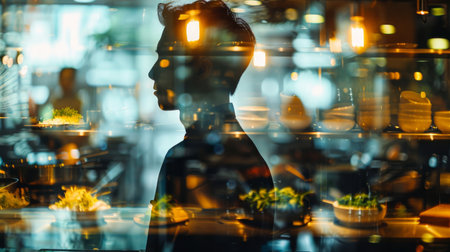 A person is standing in front of a window, their reflection visible in the glass. The individual appears contemplative, with the interior of the room partially visible in the background.の素材